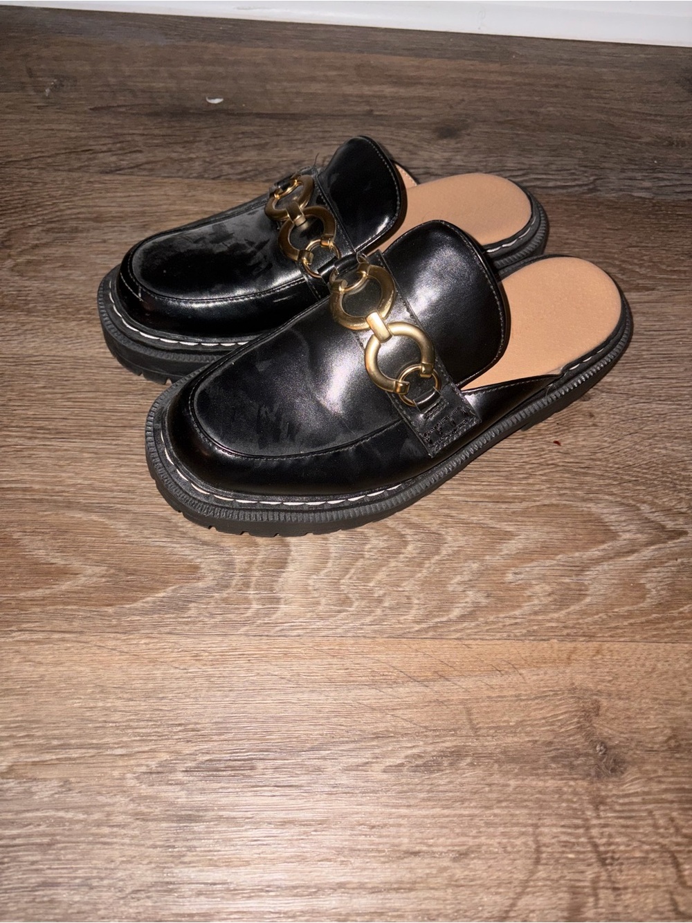 Circus by Sam Edelman Black Leather Slide Loafers with Gold Chain